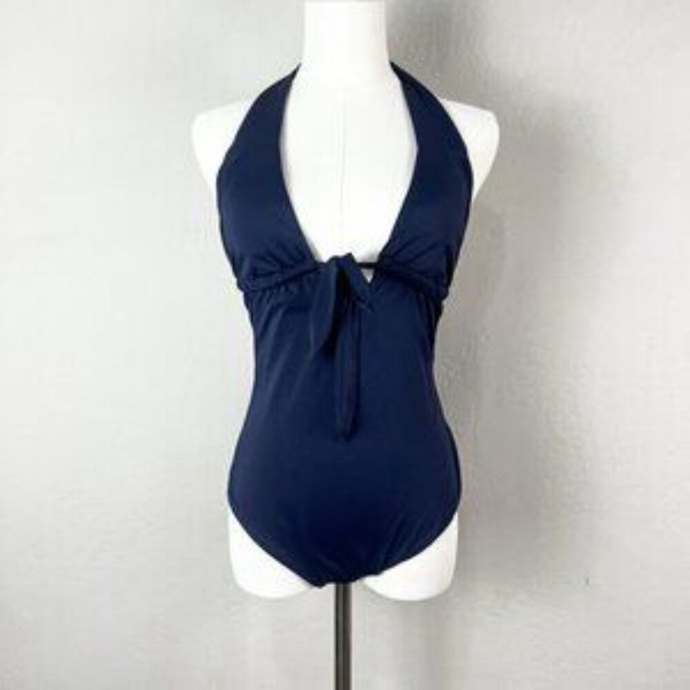 Eberjey One Piece Swimsuit Navy Blue Halter Tie Front Bathing Suit Size Large
